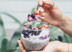 chia seeds, berries, and almond butter oatmeal