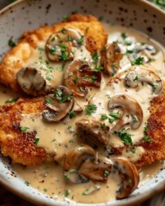 Golden Crispy Chicken with Creamy Parmesan Mushroom Sauce – Easy & Delicious